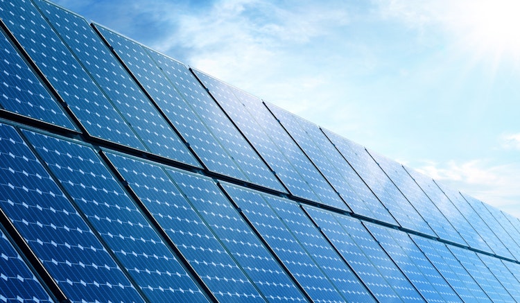 A close-up of a solar farm panel